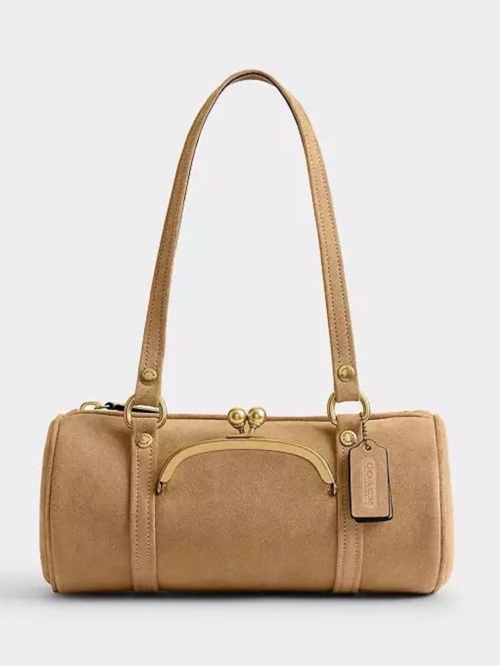 Coach Kisslock Barrel Bag 28 in Brass/Soul Tan Suede & Soft Grain Leather NWT